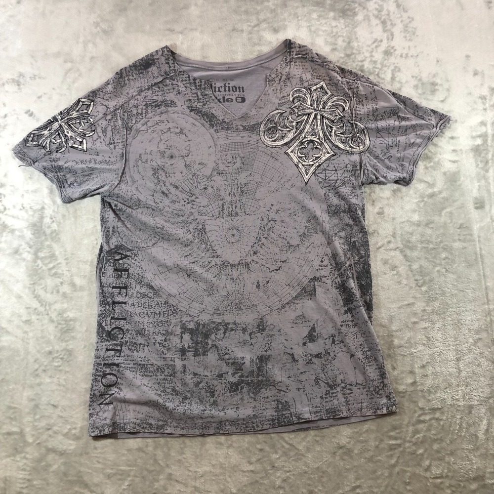affliction x buckle shirt mens L gray AOP wings Y2K v neck velour